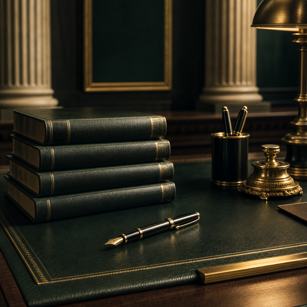 Mesa de escritório de advocacia com livros jurídicos e caneta